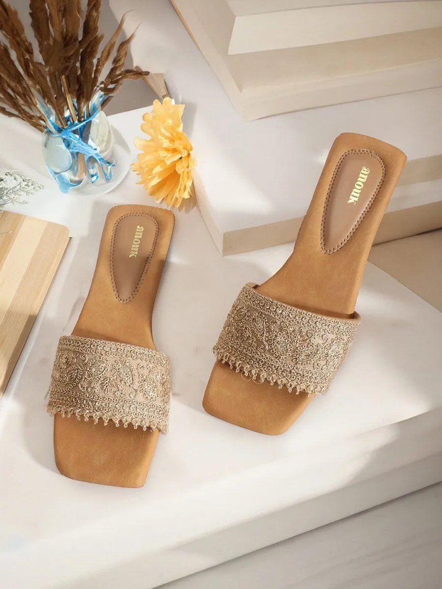 Anouk Beige Ethnic Embellished Open Toe Flats