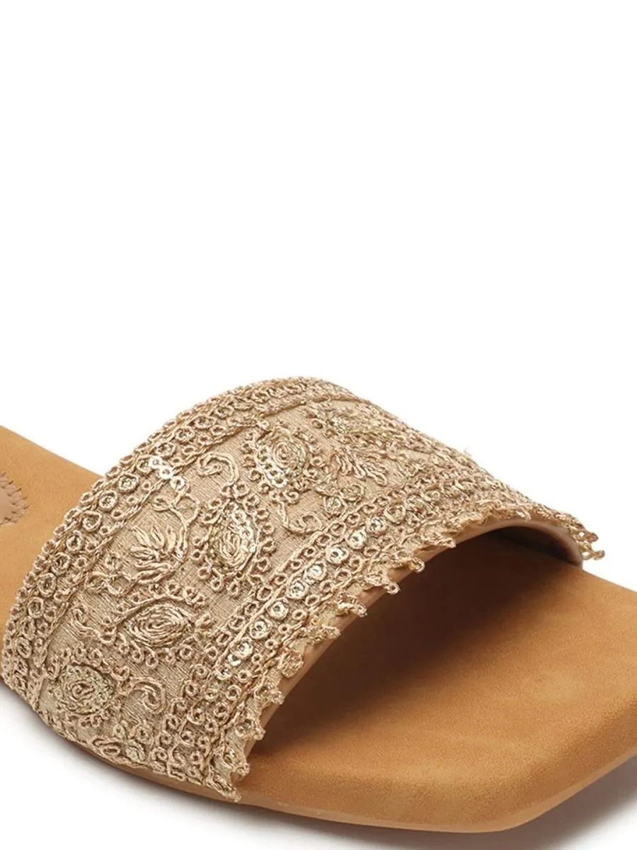 Anouk Beige Ethnic Embellished Open Toe Flats