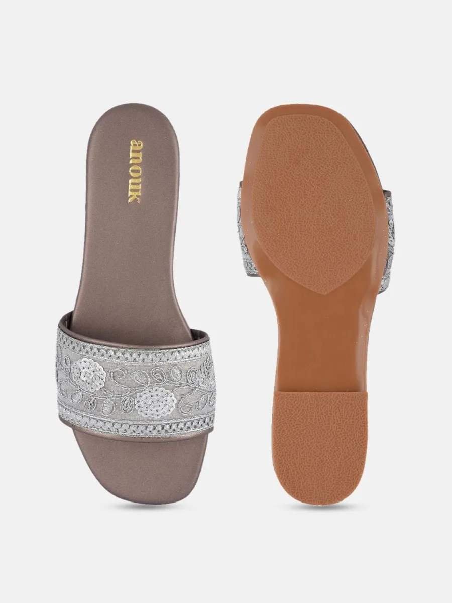 Anouk Grey Embellished Open Toe Ethnic Flats