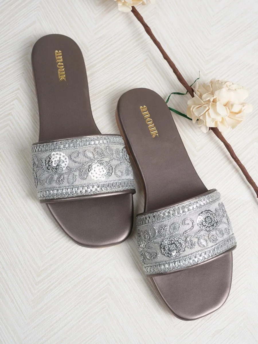 Anouk Grey Embellished Open Toe Ethnic Flats