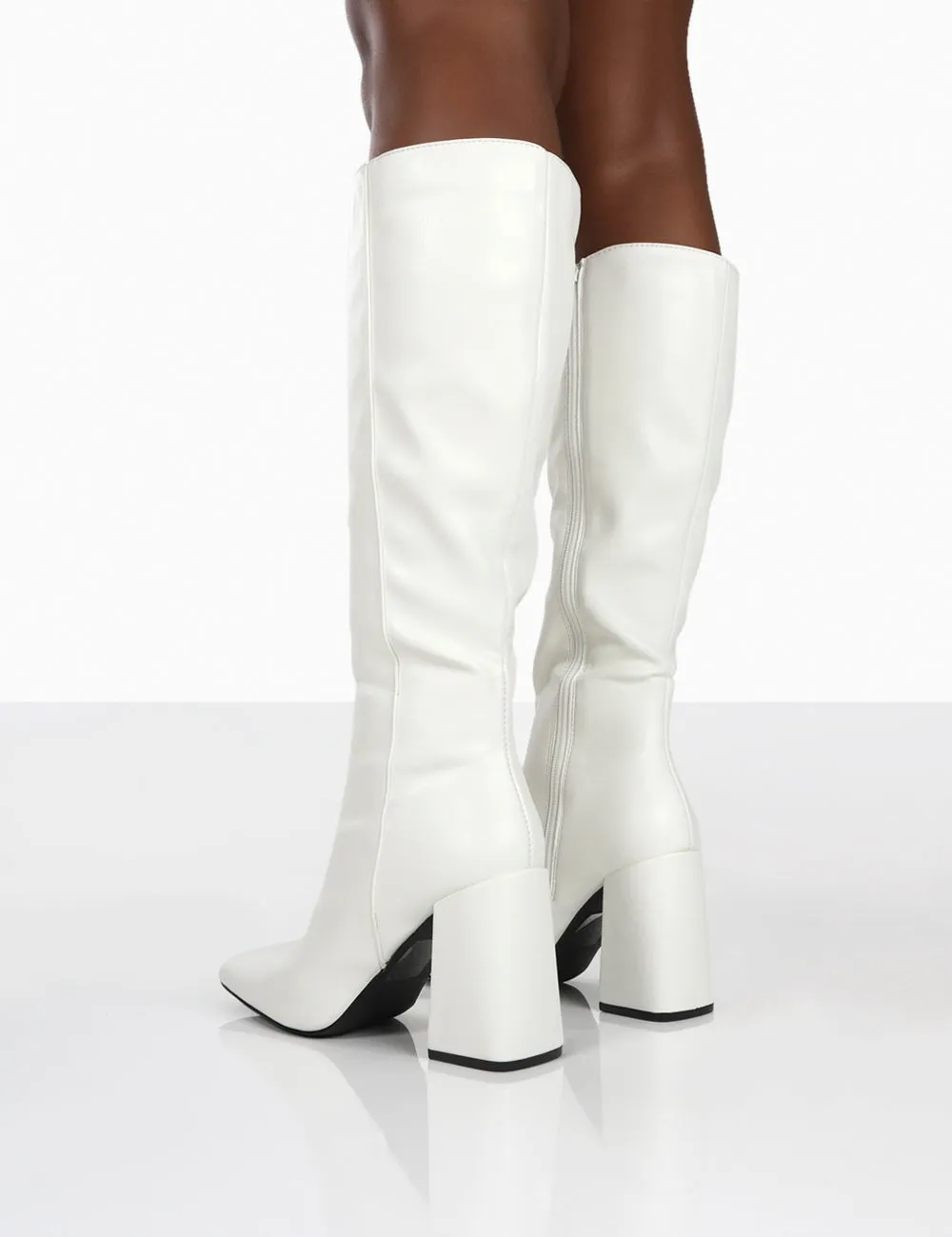 Apology White Pu Knee High Block Heel Boots