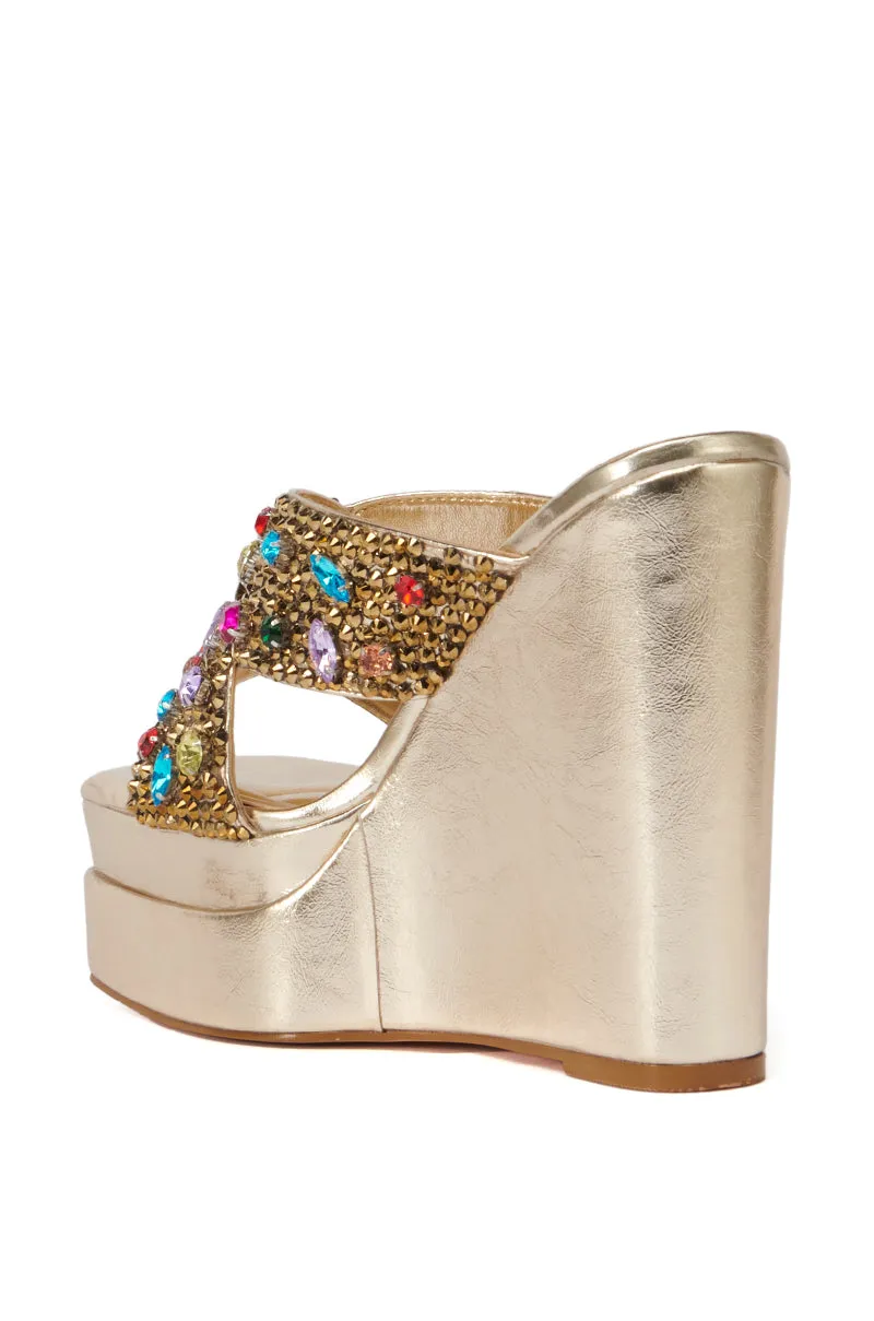 AZALEA WANG CHEERY GOLD EMBELLISHED WEDGE SANDAL