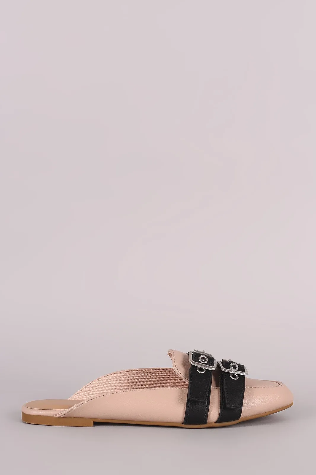 Bamboo Double Buckle Strap Mule Flat