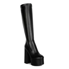 Black High Block Heeled Calf Boots