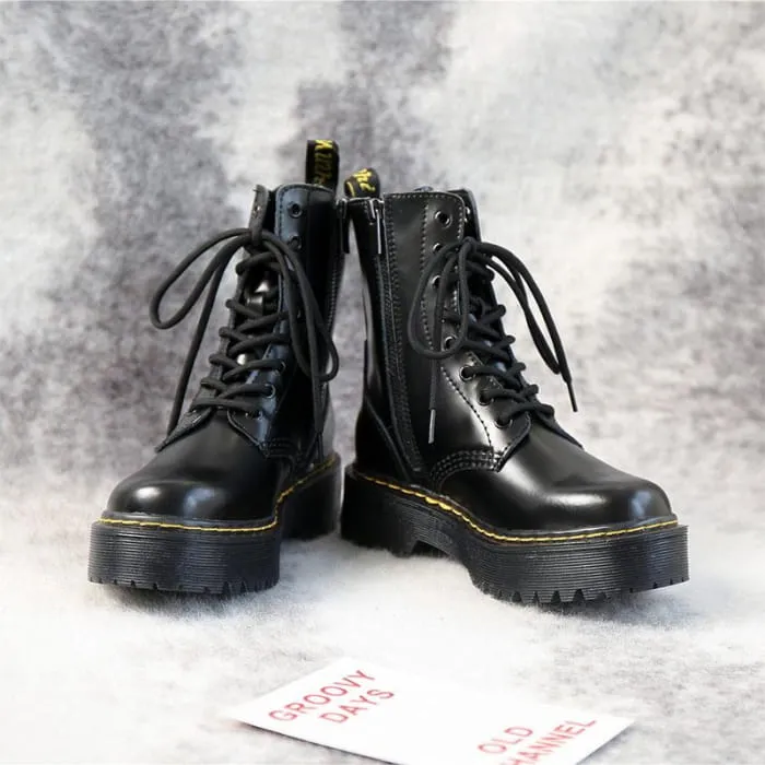 Black Leather Platform Lace Up Martin Boots