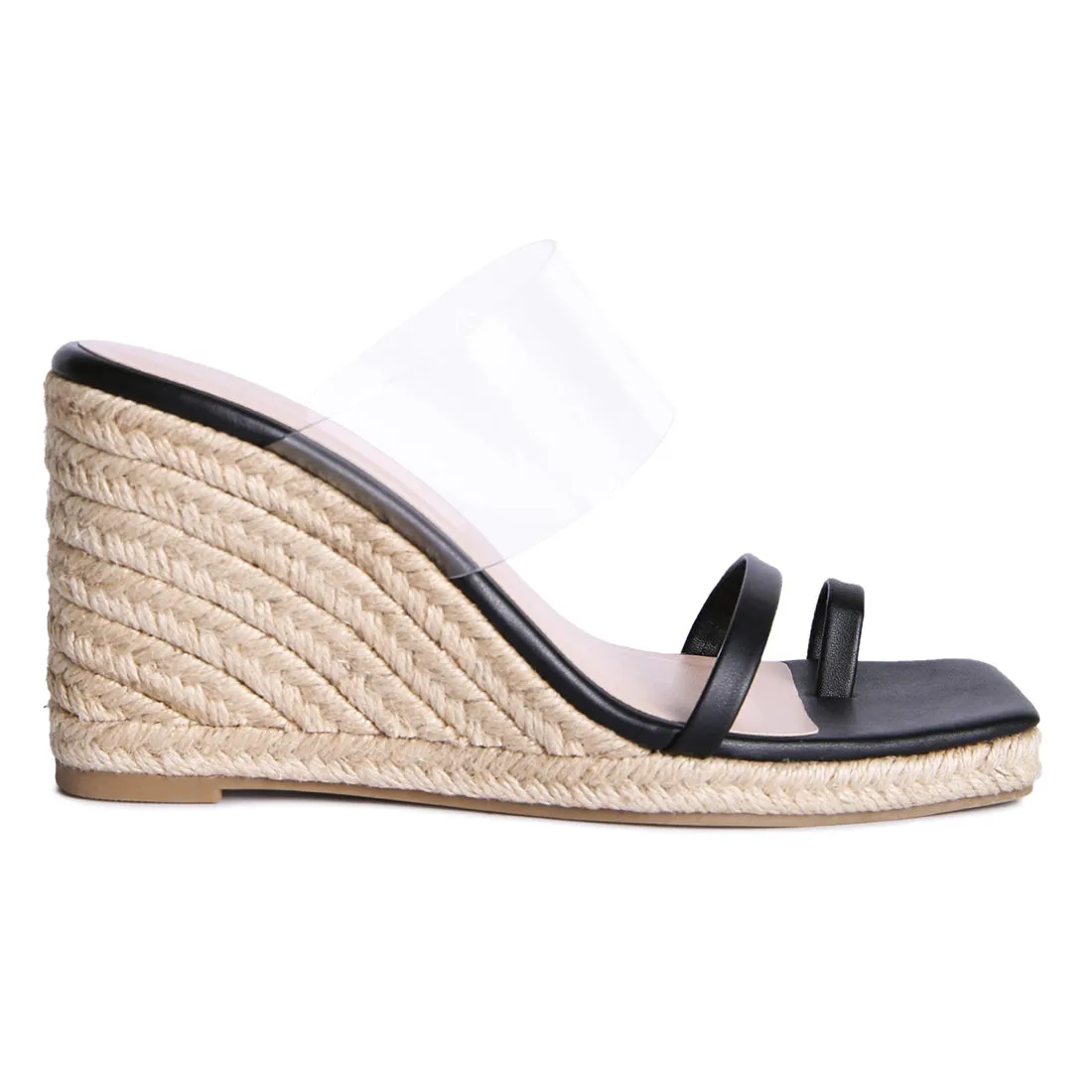 Black Toe Ring Espadrilles Wedge Sandals