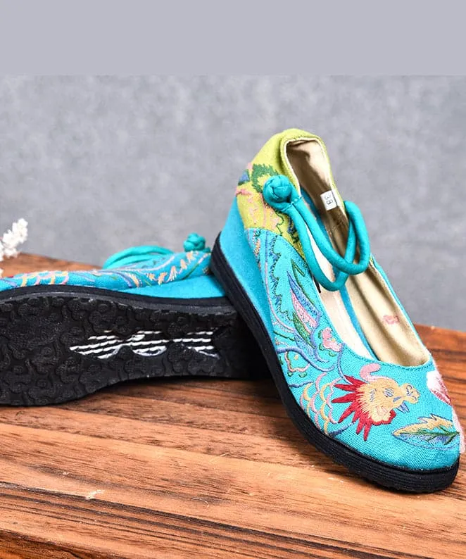 Blue High Wedge Heels Shoes Wedge Cotton Fabric Handmade Embroideried Patchwork Buckle Strap High Wedge Heels Shoes