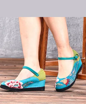 Blue High Wedge Heels Shoes Wedge Cotton Fabric Handmade Embroideried Patchwork Buckle Strap High Wedge Heels Shoes