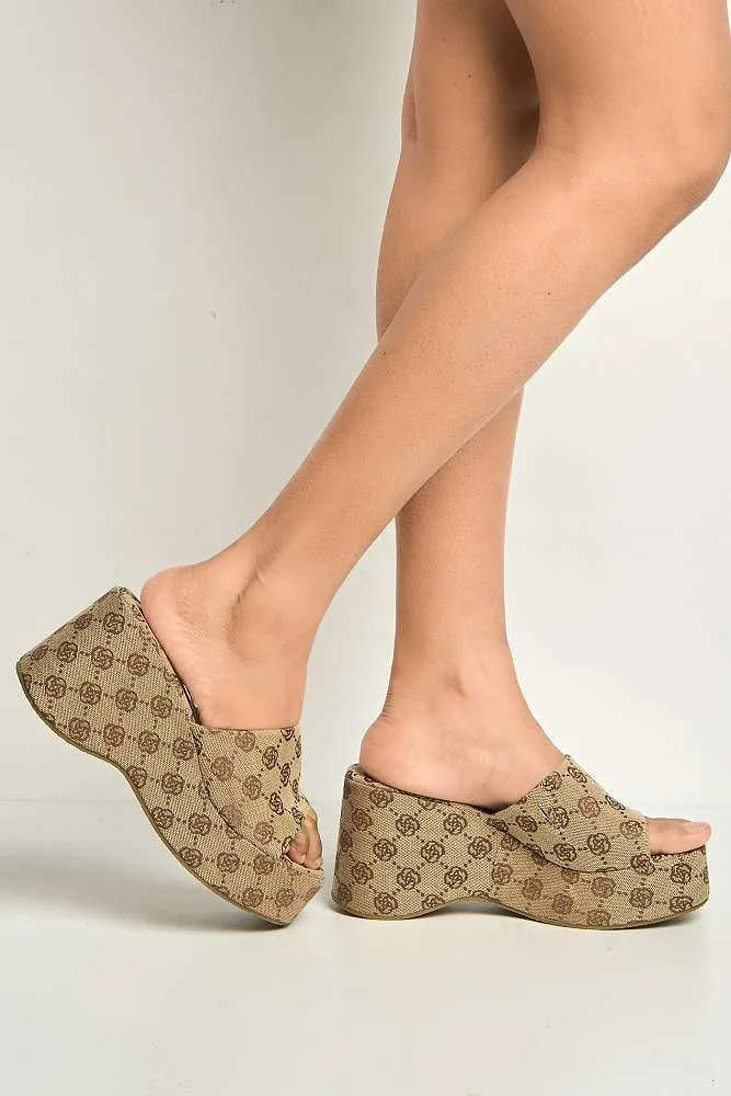 Brianna Printed Flower Detail Wedge Sandals in Brown