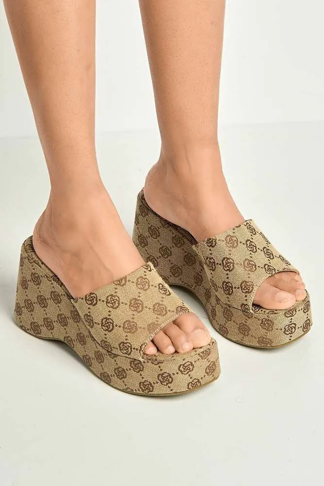 Brianna Printed Flower Detail Wedge Sandals in Brown