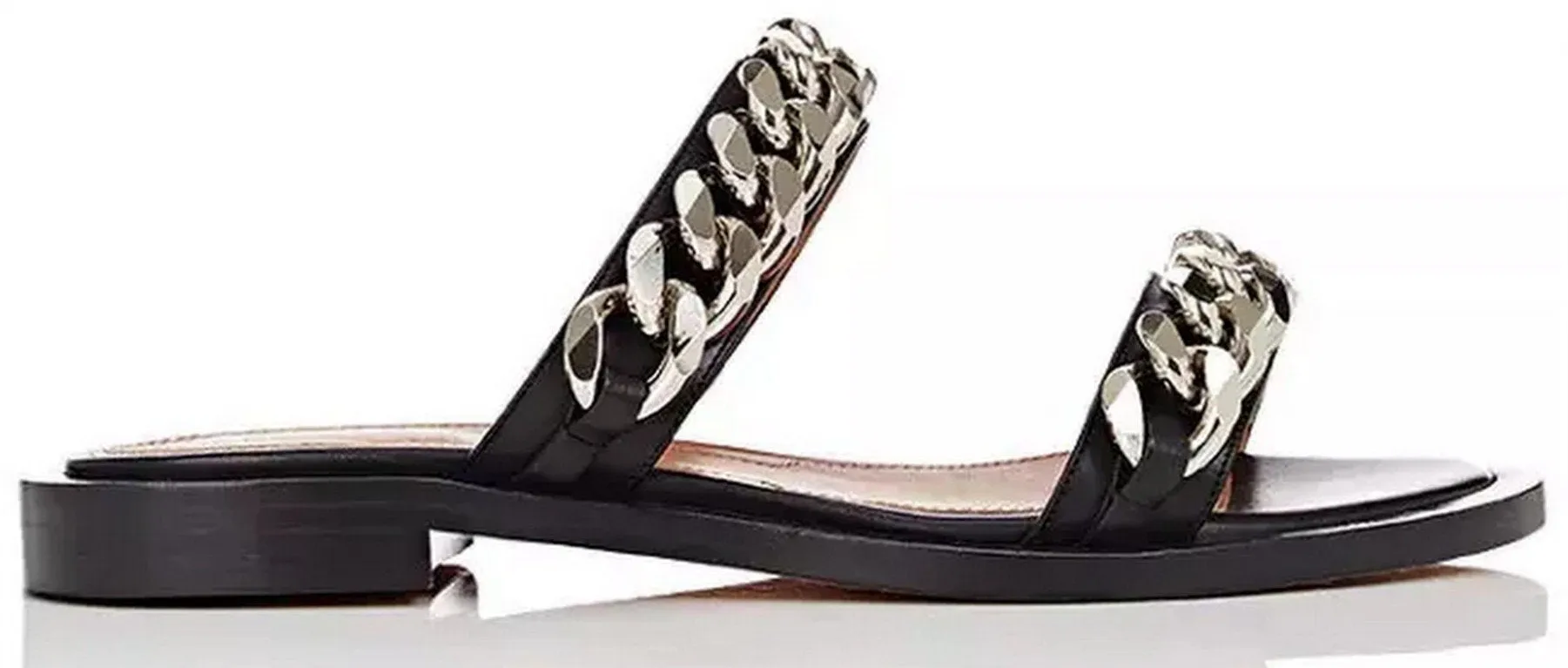 Chain-Embellished Leather Slide Sandals