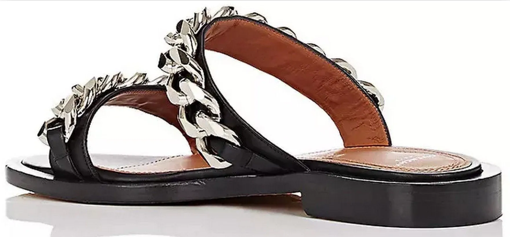 Chain-Embellished Leather Slide Sandals