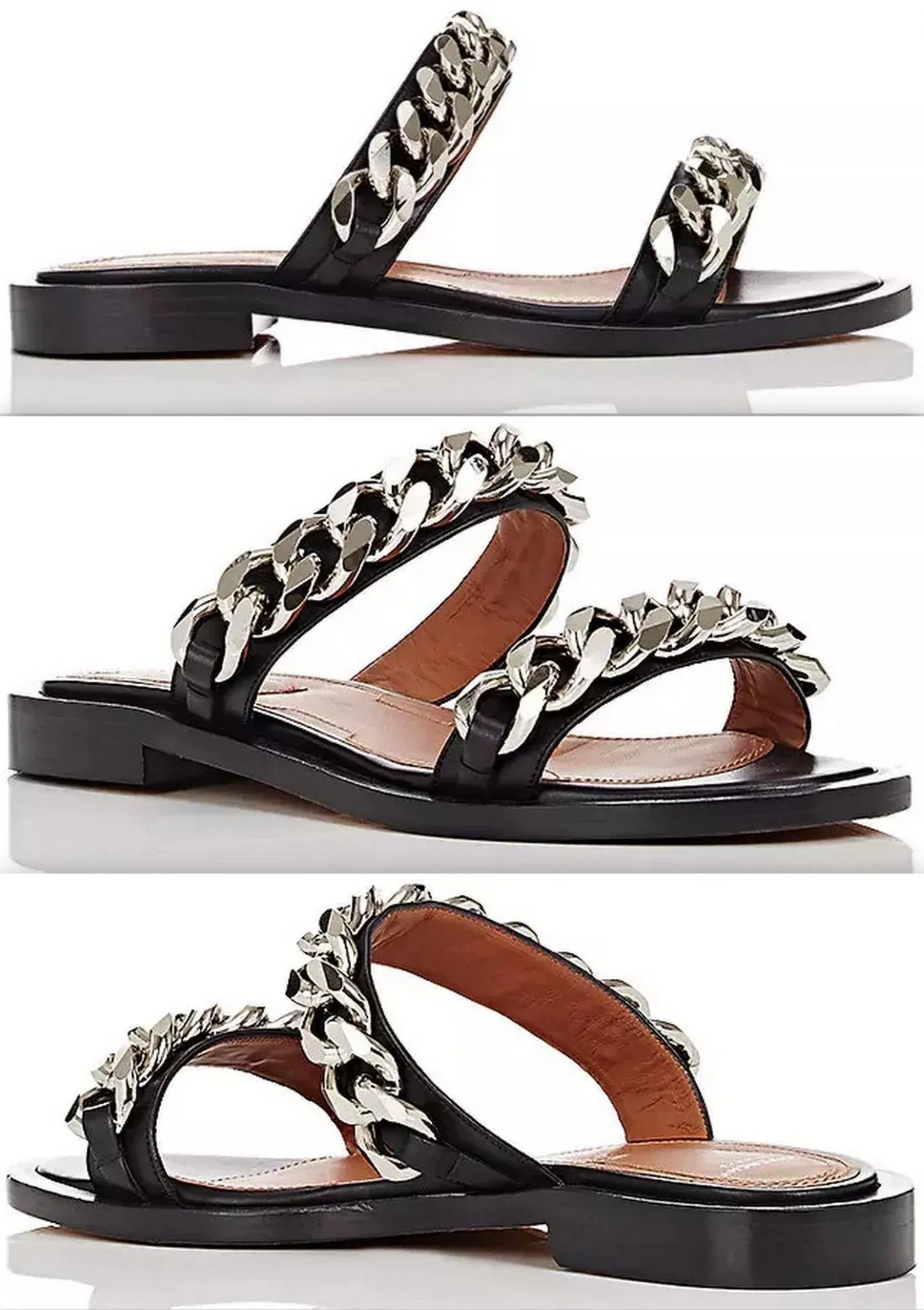 Chain-Embellished Leather Slide Sandals