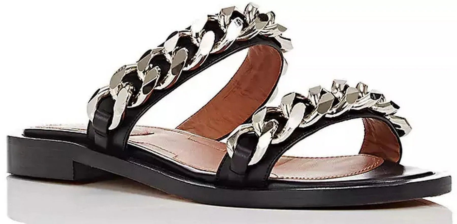 Chain-Embellished Leather Slide Sandals