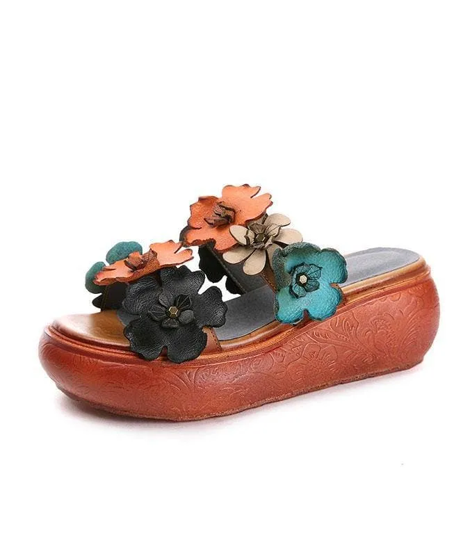 Elegant Wedge Orange Cowhide Leather Slide Sandals