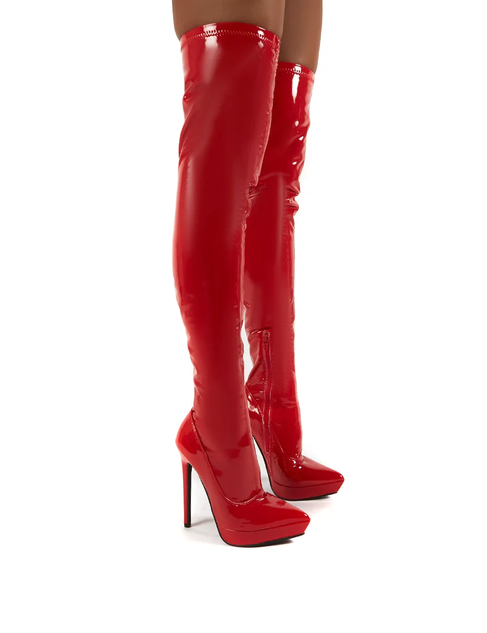 Forward Red Patent Stiletto Heeled Over the Knee Boots