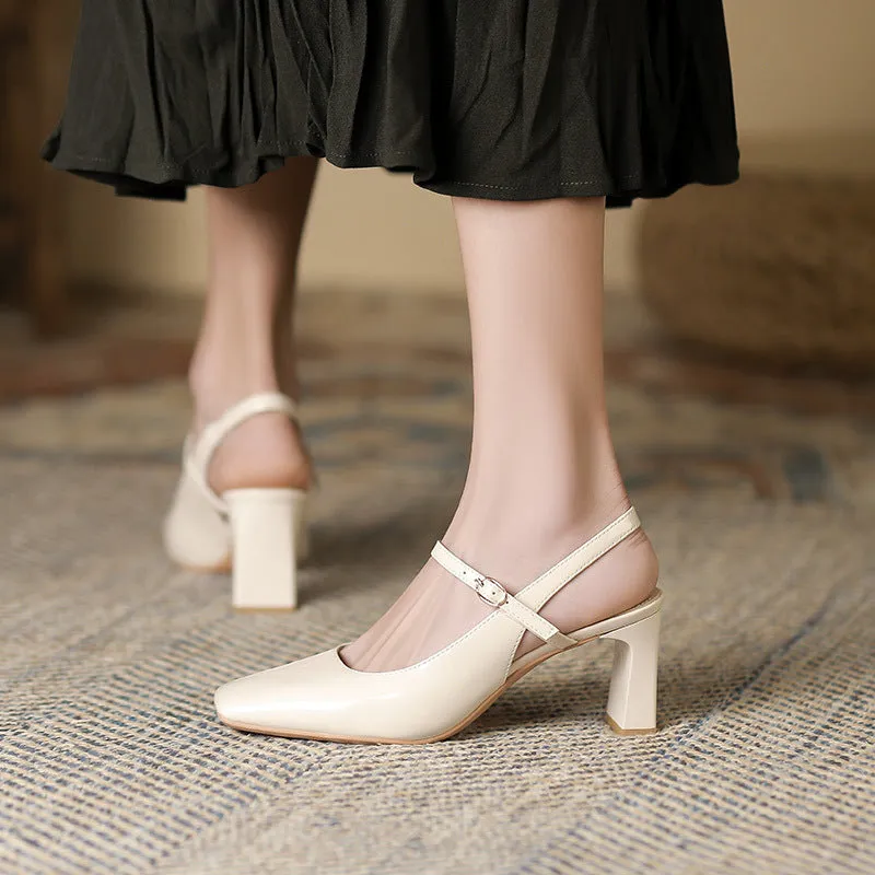 French Retro Square Toe High Heels Closed Toe Shoes