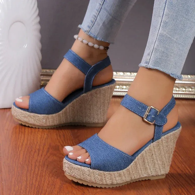 Funki Buys | Shoes | Women's Denim Wedge High Heel Sandals