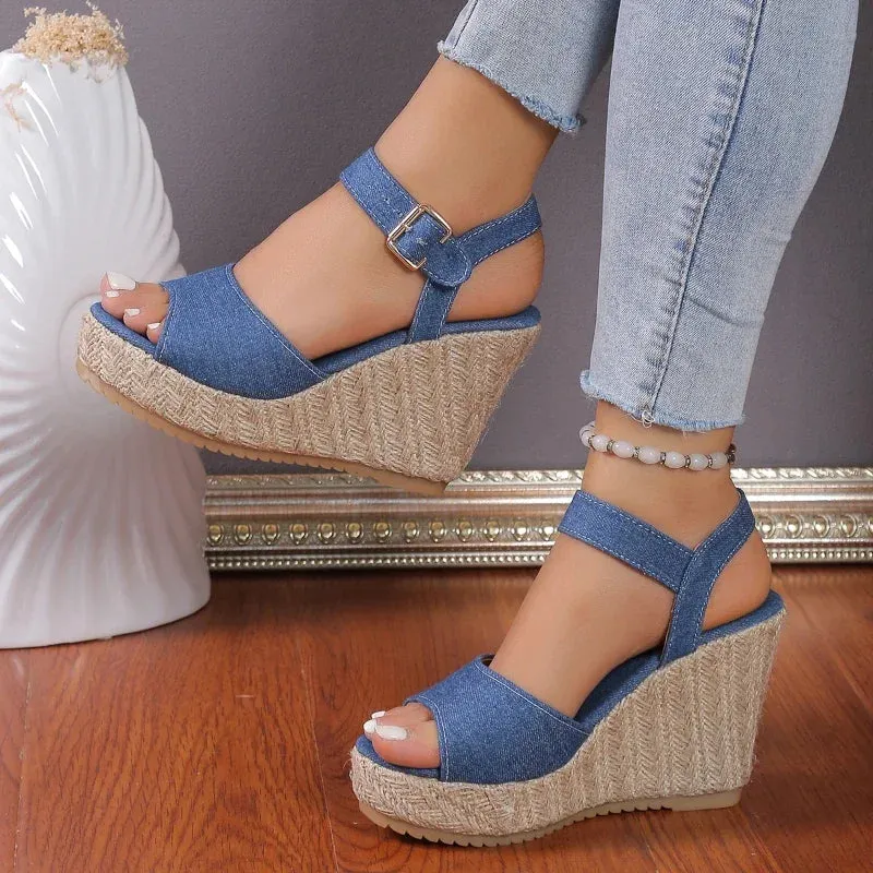 Funki Buys | Shoes | Women's Denim Wedge High Heel Sandals