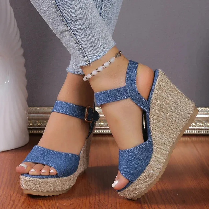 Funki Buys | Shoes | Women's Denim Wedge High Heel Sandals