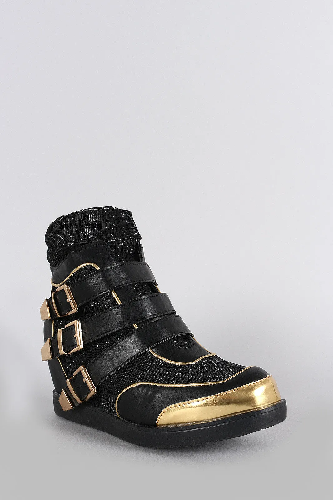 Glitter Strappy Buckle Round Toe High Top Wedge Sneaker