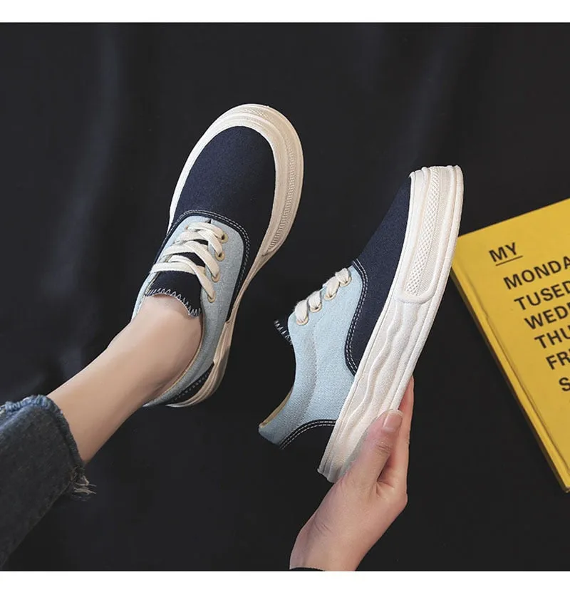 Hnzxzm Spring Summer Women Canvas Shoes Thick Sole Women Flats Breathable Cloth Shoes Casual Woman Footwear Soft Blue A4476