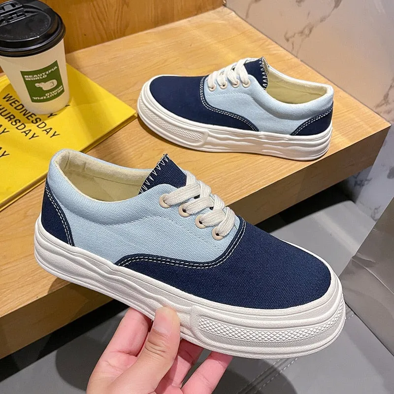 Hnzxzm Spring Summer Women Canvas Shoes Thick Sole Women Flats Breathable Cloth Shoes Casual Woman Footwear Soft Blue A4476