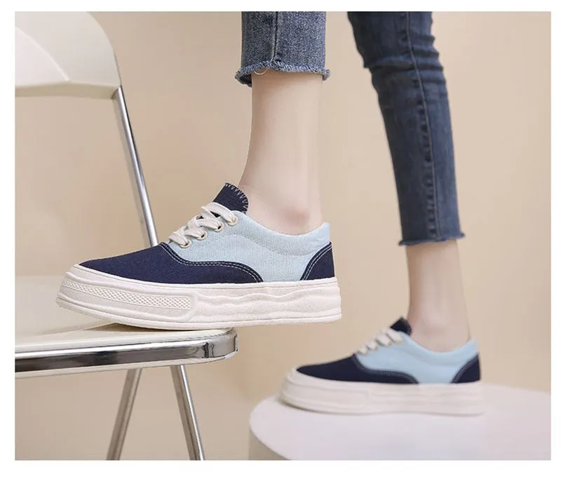 Hnzxzm Spring Summer Women Canvas Shoes Thick Sole Women Flats Breathable Cloth Shoes Casual Woman Footwear Soft Blue A4476