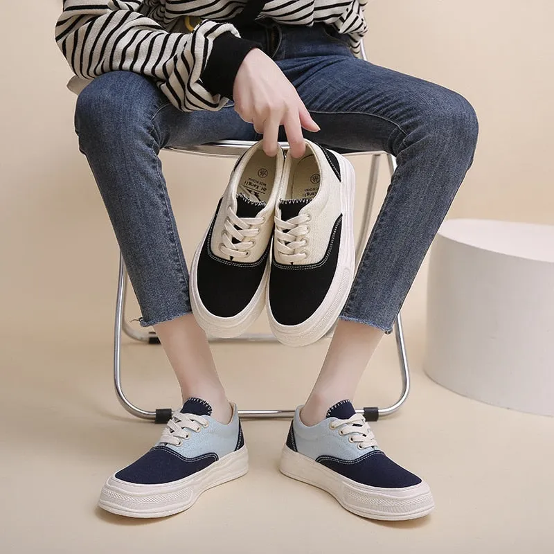 Hnzxzm Spring Summer Women Canvas Shoes Thick Sole Women Flats Breathable Cloth Shoes Casual Woman Footwear Soft Blue A4476