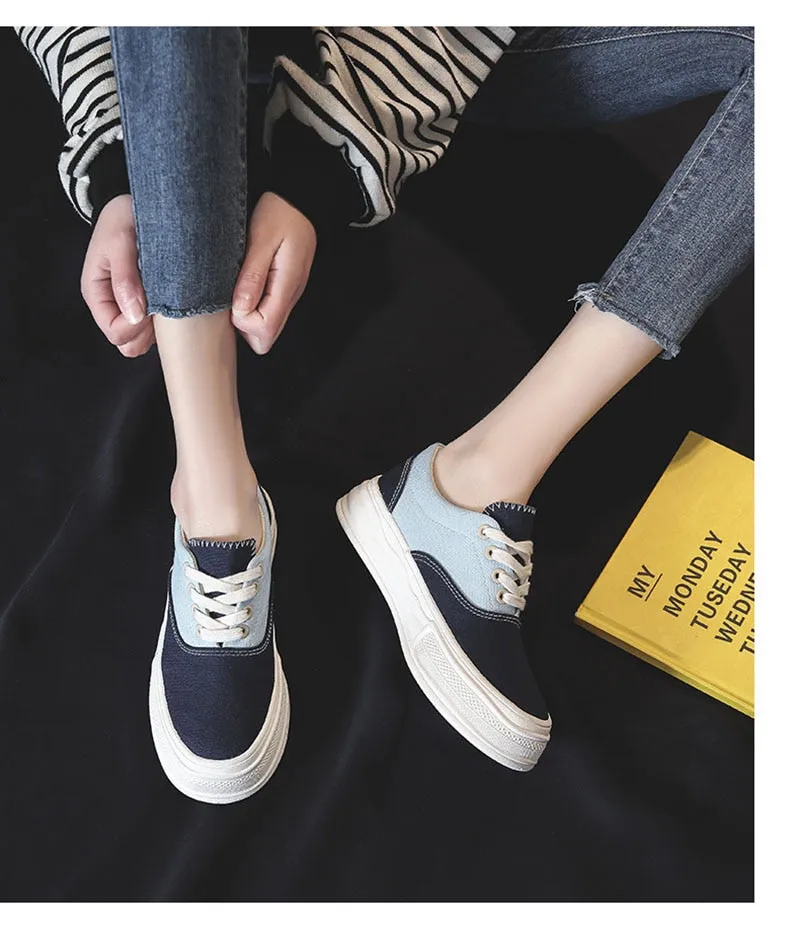 Hnzxzm Spring Summer Women Canvas Shoes Thick Sole Women Flats Breathable Cloth Shoes Casual Woman Footwear Soft Blue A4476