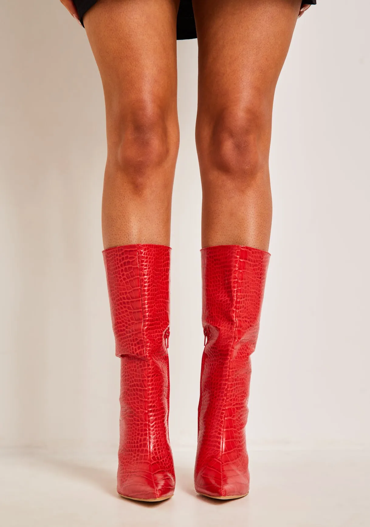 Malayah Red Croc Print Pointed Toe Heeled Boots