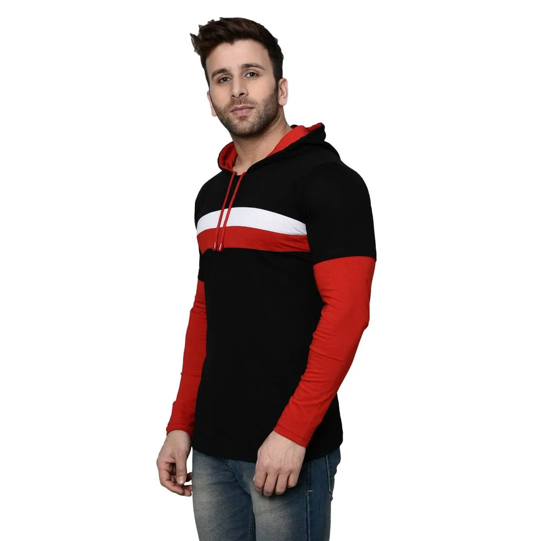 Men's Black Cotton Blend Self Pattern Hooded Tees