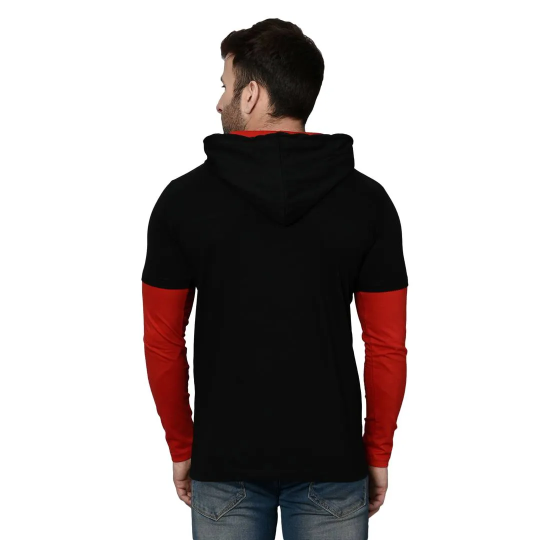 Men's Black Cotton Blend Self Pattern Hooded Tees