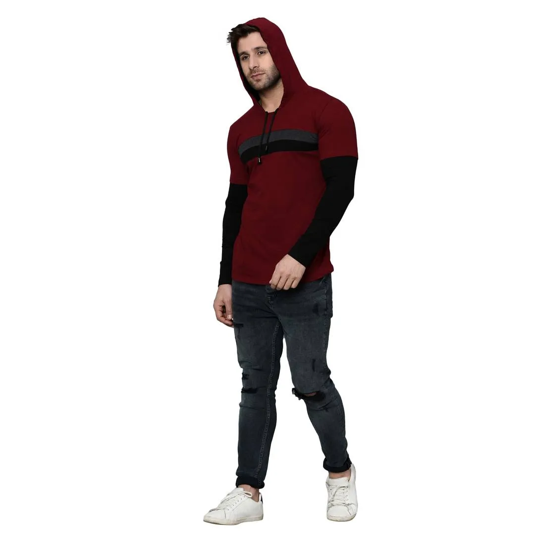 Men's Maroon Cotton Blend Self Pattern Hooded Tees