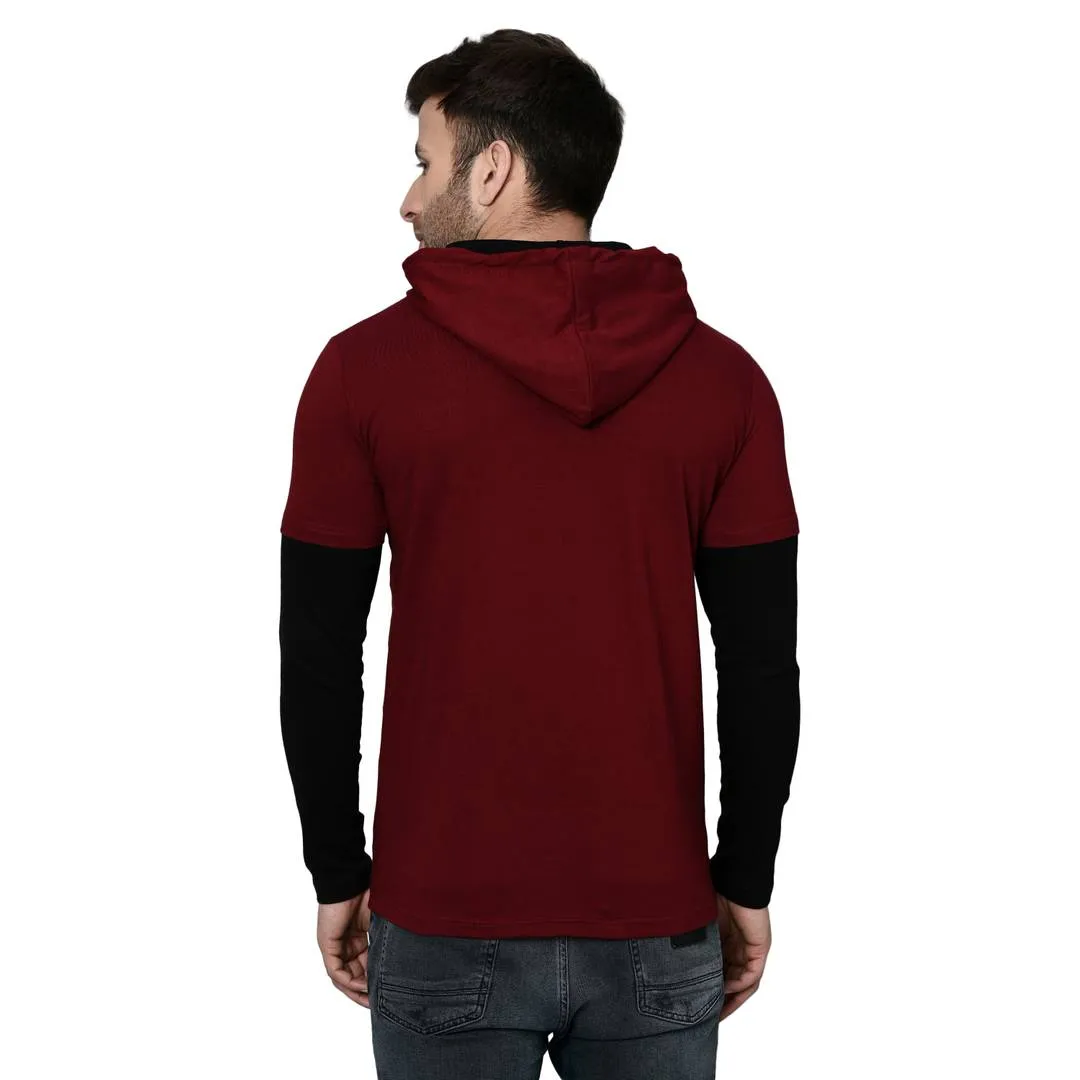 Men's Maroon Cotton Blend Self Pattern Hooded Tees