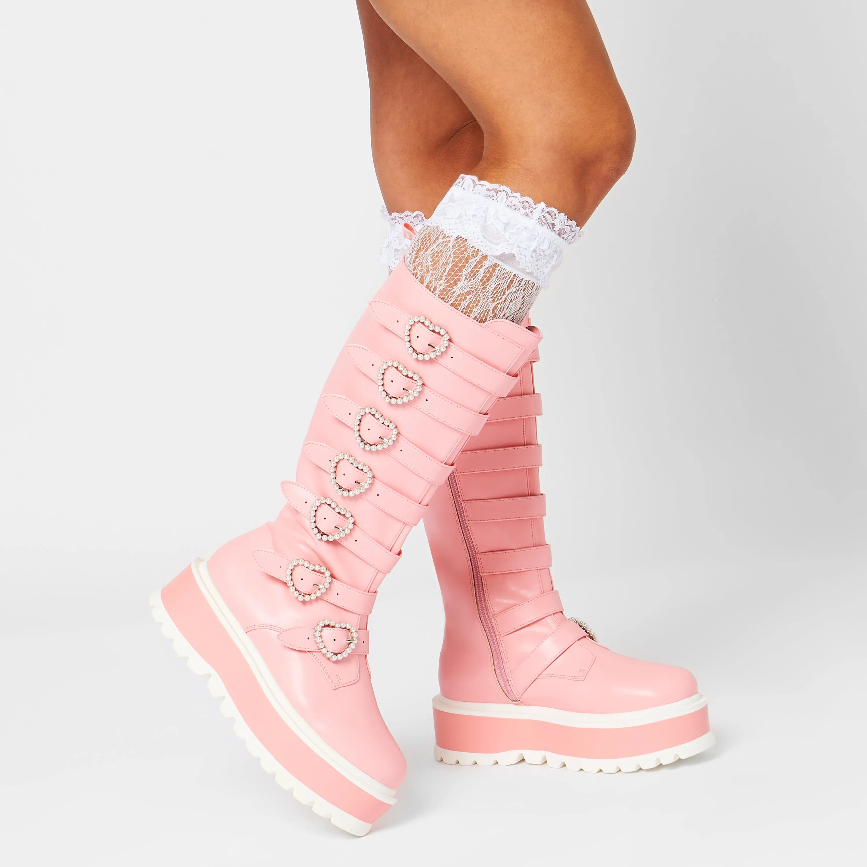 Mizuhiki Kawaii Long Pearl Buckle Boots - Pink