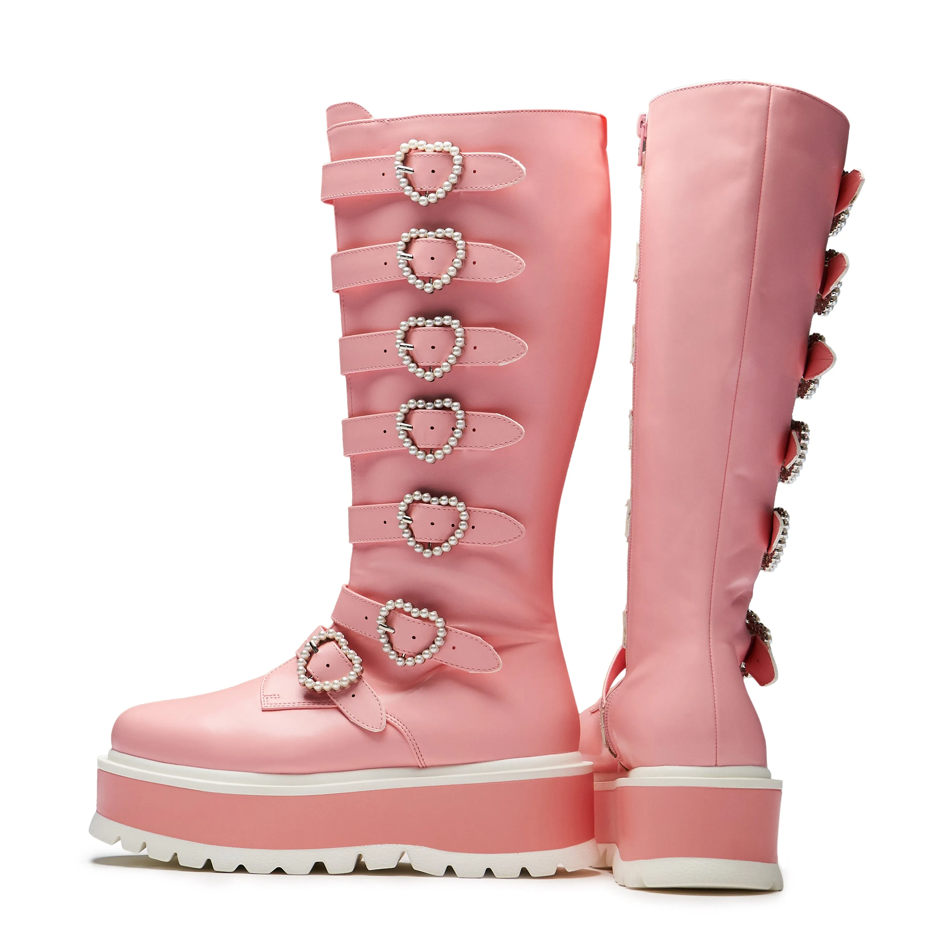 Mizuhiki Kawaii Long Pearl Buckle Boots - Pink