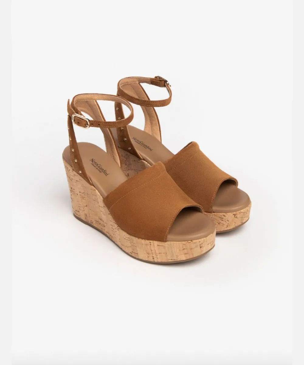 NERO GIARDINI LEATHER WEDGE SANDALS IN BROWN