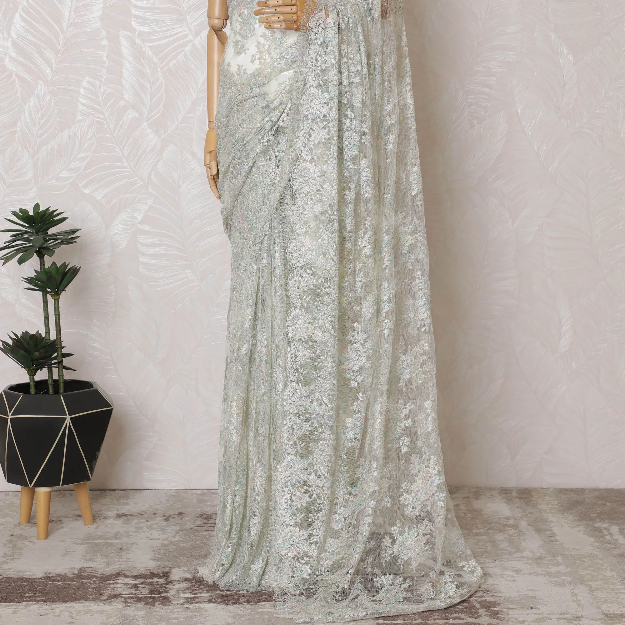 Off white, multicolor Premium pure French metallic chantilly lace saree in floral design-D16904