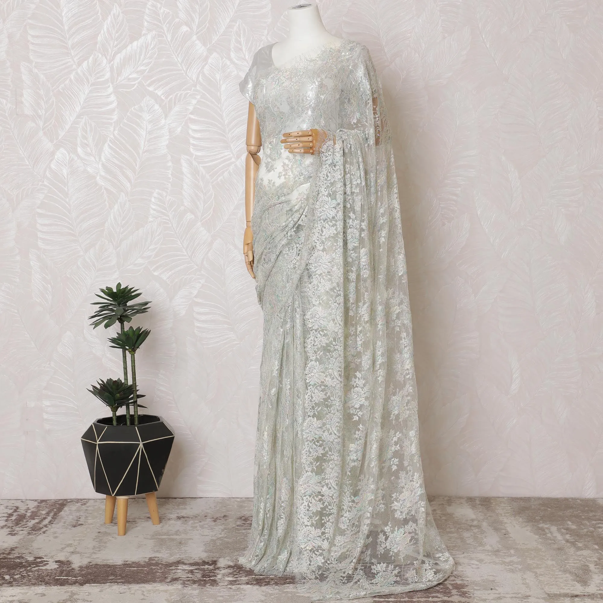 Off white, multicolor Premium pure French metallic chantilly lace saree in floral design-D16904