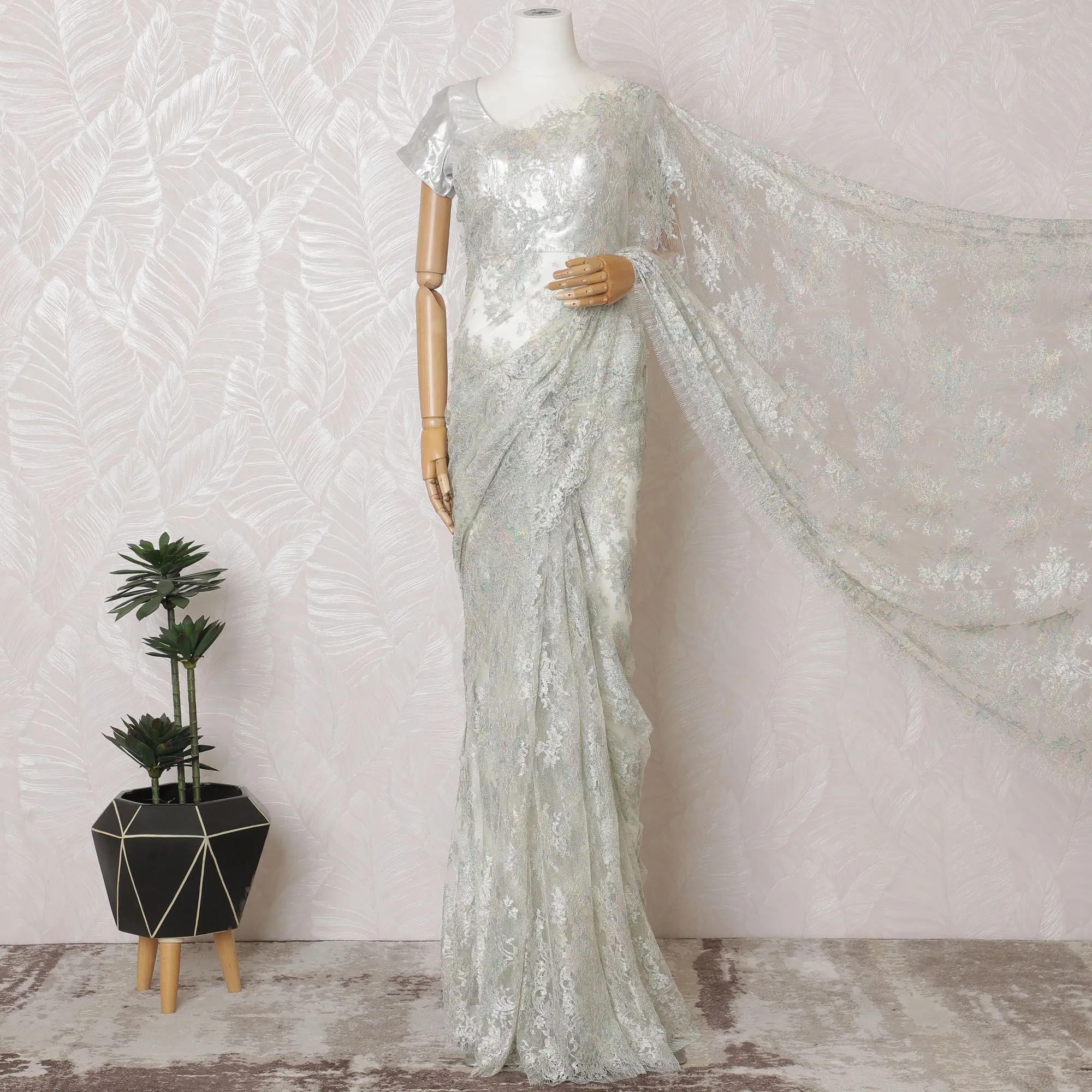 Off white, multicolor Premium pure French metallic chantilly lace saree in floral design-D16904