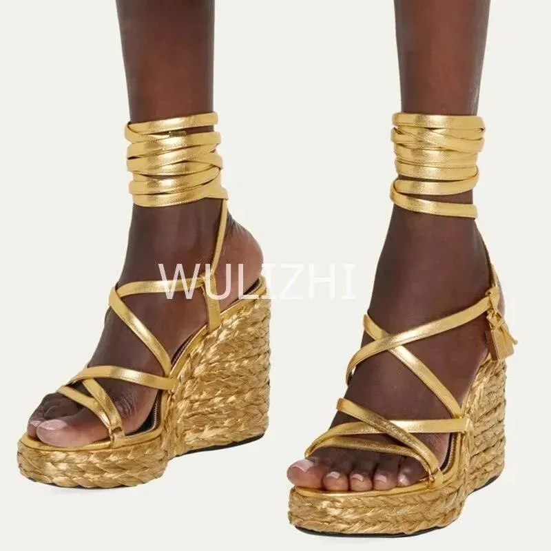 Open Toe Long Strap Wedge Sandals