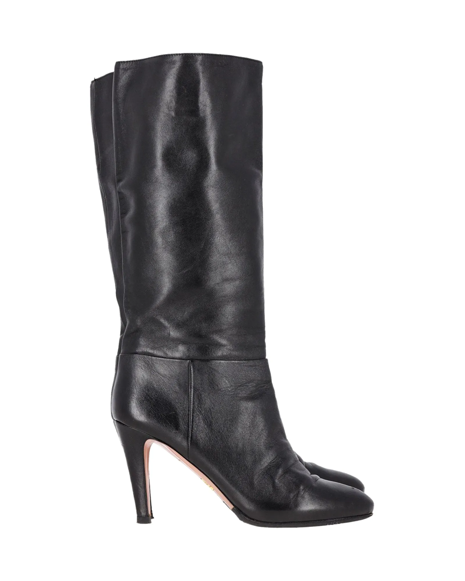 Prada Mid-Calf Heeled Boots in Black Leather