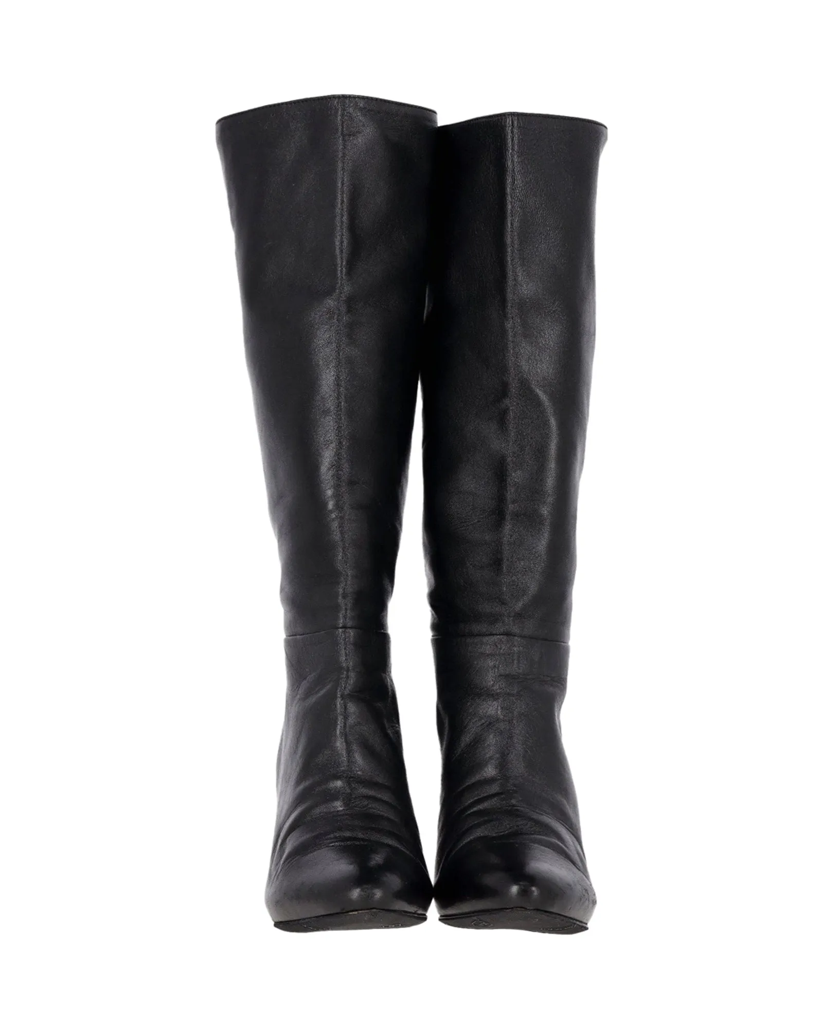 Prada Mid-Calf Heeled Boots in Black Leather