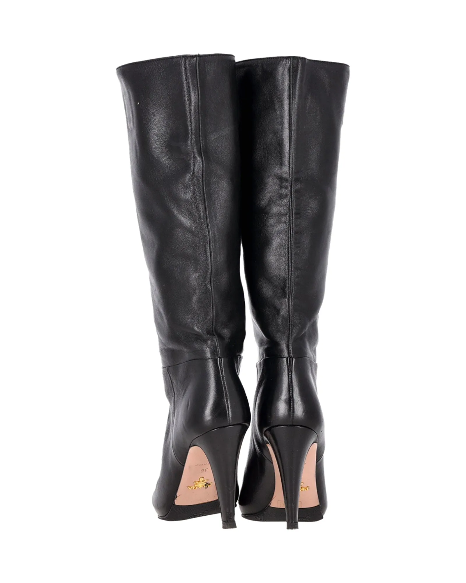 Prada Mid-Calf Heeled Boots in Black Leather