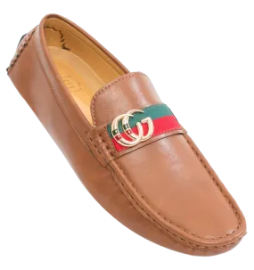 Royal Shoes Men's Cognac Loafer Slip-on Driver Ded and Green Strip with Gold Buckle