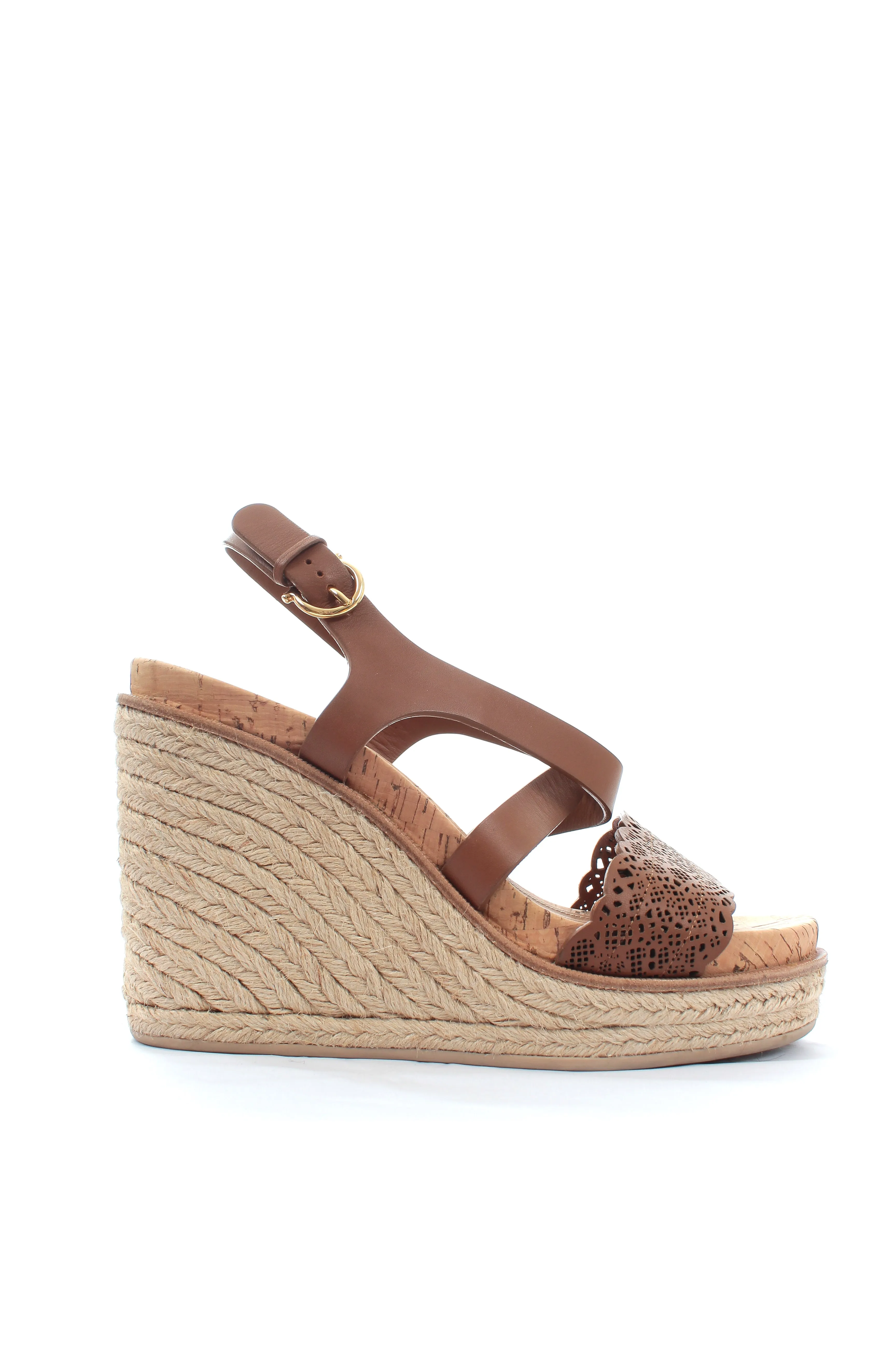 Salvatore Ferragamo Laser-Cut Leather Espadrille Wedge Sandals