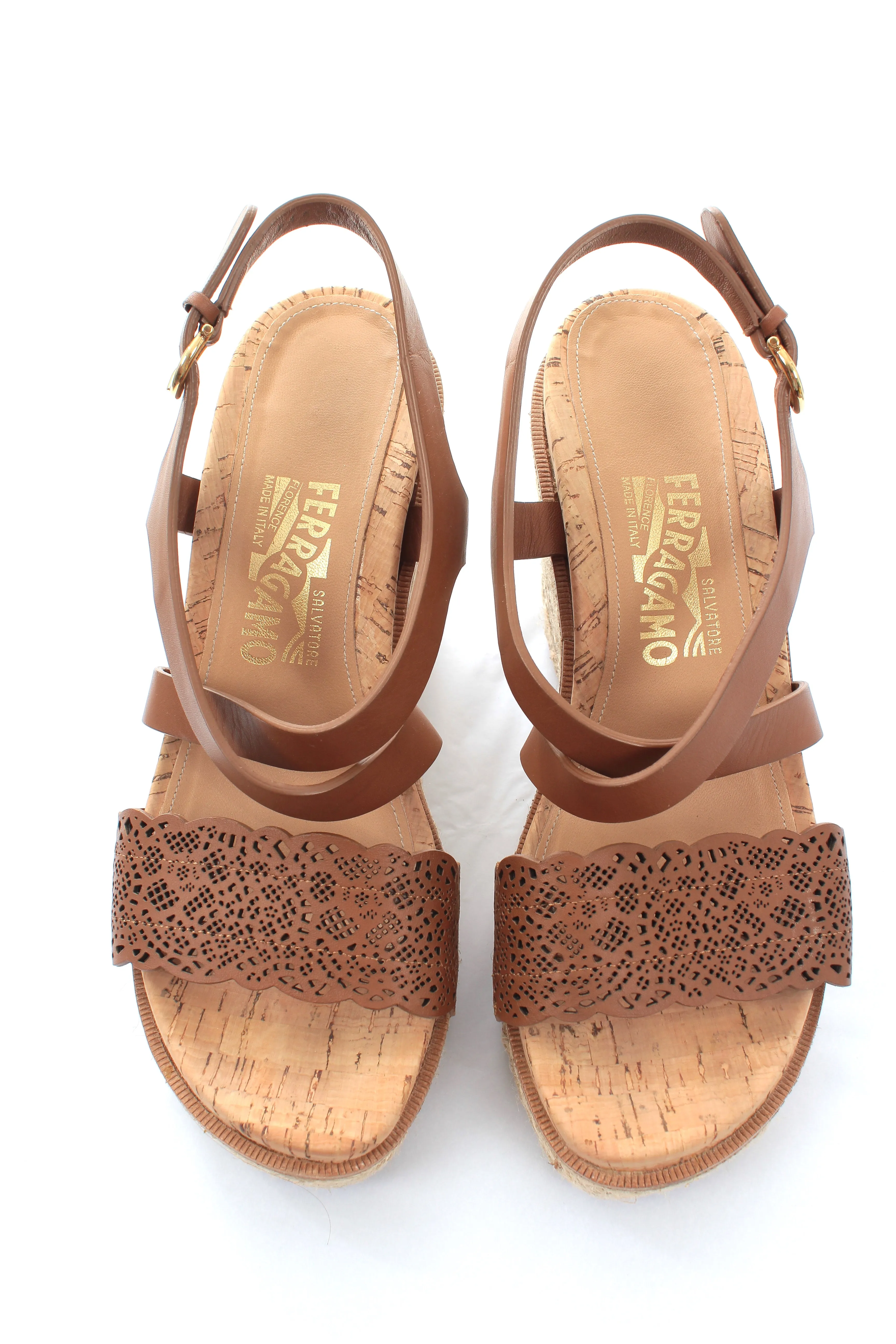 Salvatore Ferragamo Laser-Cut Leather Espadrille Wedge Sandals