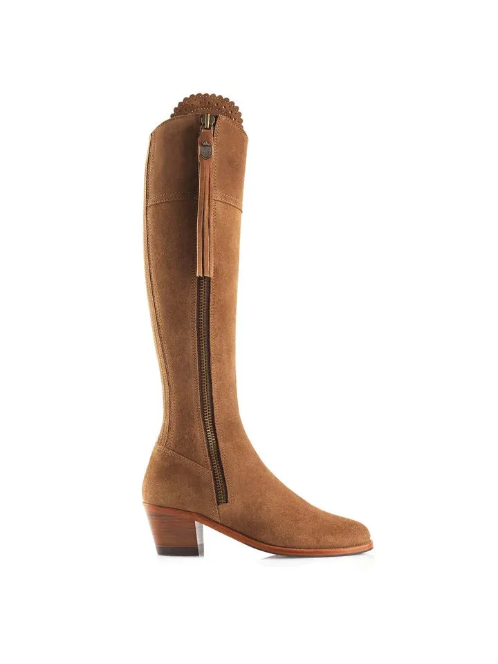 The Regina Women's Tall Heeled Boot - Tan Suede, Narrow Calf