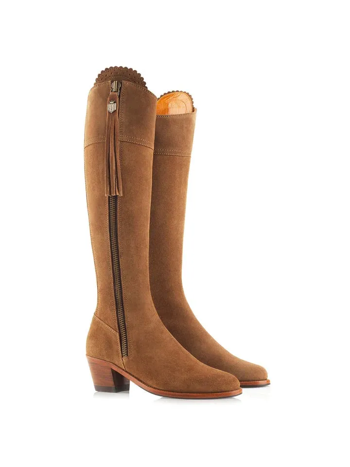 The Regina Women's Tall Heeled Boot - Tan Suede, Narrow Calf